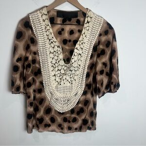 Leyendecker Silk Leopard Print Top with Cream Crochet Detail